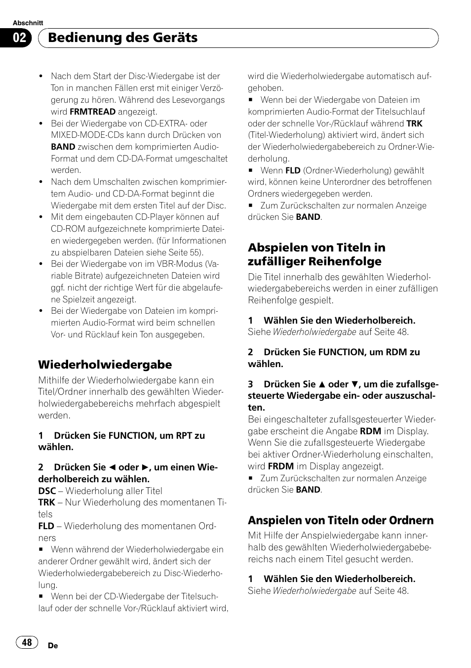 Wiederholwiedergabe 48, Abspielen von titeln in zufälliger, Reihenfolge | Anspielen von titeln oder ordnern 48, Bedienung des geräts, Wiederholwiedergabe, Abspielen von titeln in zufälliger reihenfolge, Anspielen von titeln oder ordnern | Pioneer DEH-3000MP User Manual | Page 48 / 77