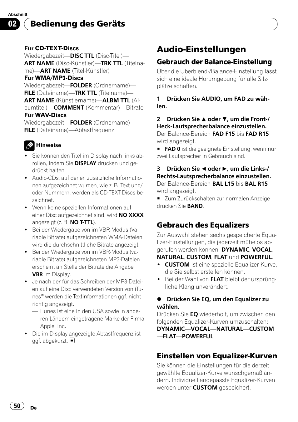 Audio-einstellungen, Gebrauch der balance-einstellung 50, Gebrauch des equalizers 50 | Einstellen von equalizer-kurven 50, Bedienung des geräts, Gebrauch der balance-einstellung, Gebrauch des equalizers, Einstellen von equalizer-kurven | Pioneer DEH-3000MP User Manual | Page 50 / 77