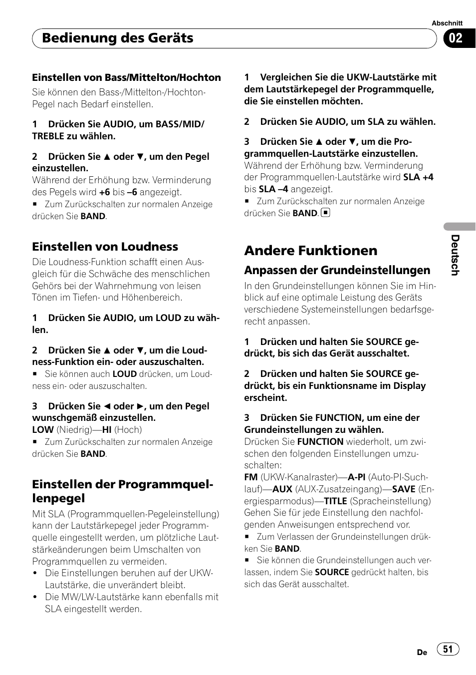 Einstellen von loudness 51, Einstellen der, Programmquellenpegel | Andere funktionen, Anpassen der grundeinstellungen 51, Bedienung des geräts, Einstellen von loudness, Einstellen der programmquel- lenpegel, Anpassen der grundeinstellungen | Pioneer DEH-3000MP User Manual | Page 51 / 77