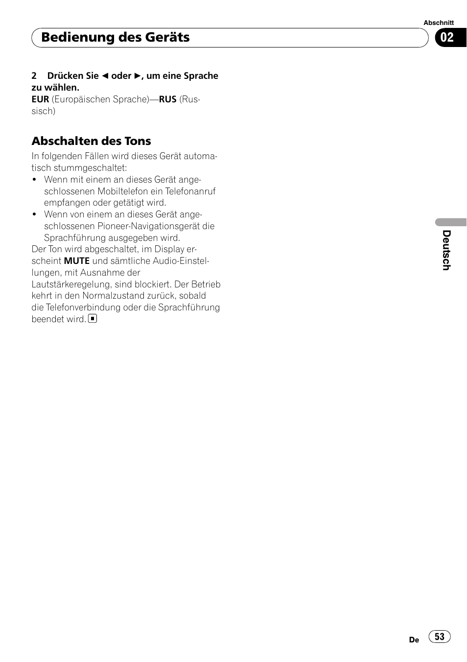 Abschalten des tons 53, Bedienung des geräts | Pioneer DEH-3000MP User Manual | Page 53 / 77