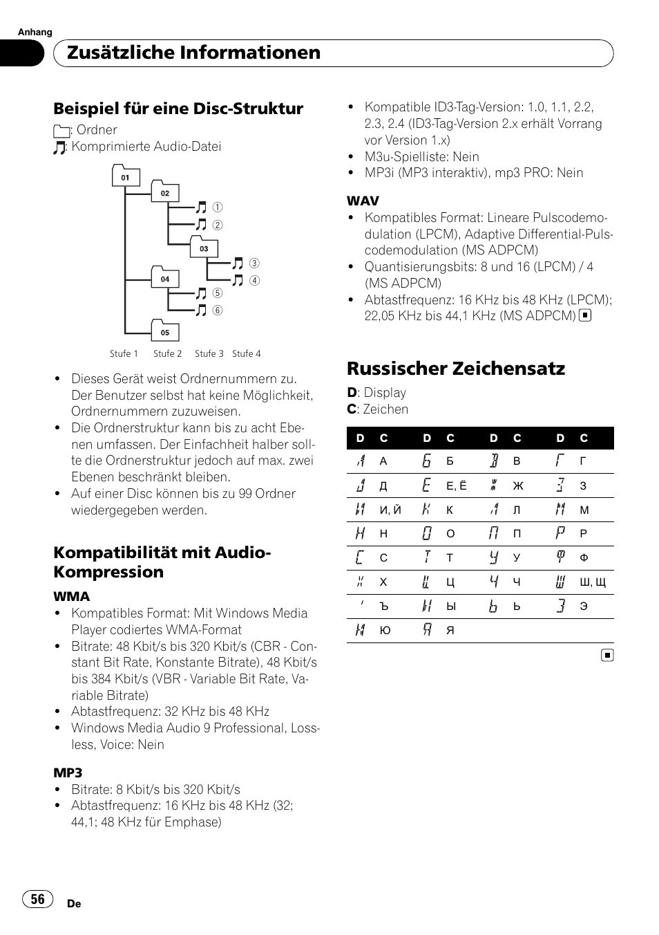 Beispiel für eine disc-struktur 56, Kompatibilität mit audio, Kompression | Russischer zeichensatz, Zusätzliche informationen, Beispiel für eine disc-struktur, Kompatibilität mit audio- kompression | Pioneer DEH-3000MP User Manual | Page 56 / 77