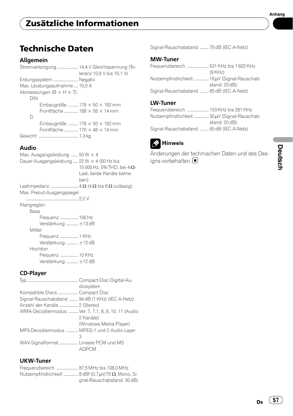 Technische daten, Zusätzliche informationen, Deutsch | Pioneer DEH-3000MP User Manual | Page 57 / 77