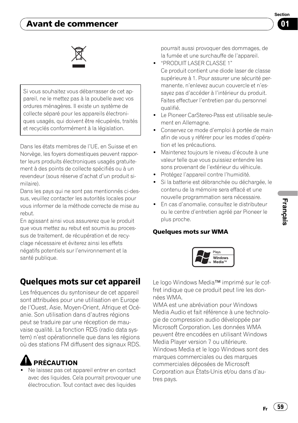 Avant de commencer, Quelques mots sur cet appareil | Pioneer DEH-3000MP User Manual | Page 59 / 77