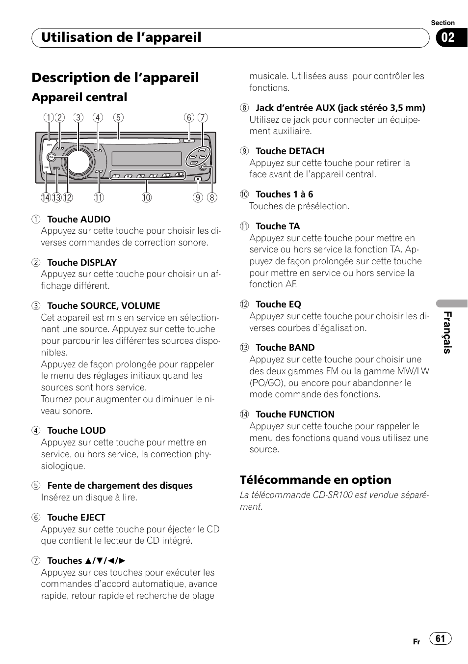 Utilisation de l, Appareil, Description de l | Appareil 61, Appareil central 61, Télécommande en option 61, Description de l ’appareil, Utilisation de l ’appareil | Pioneer DEH-3000MP User Manual | Page 61 / 77