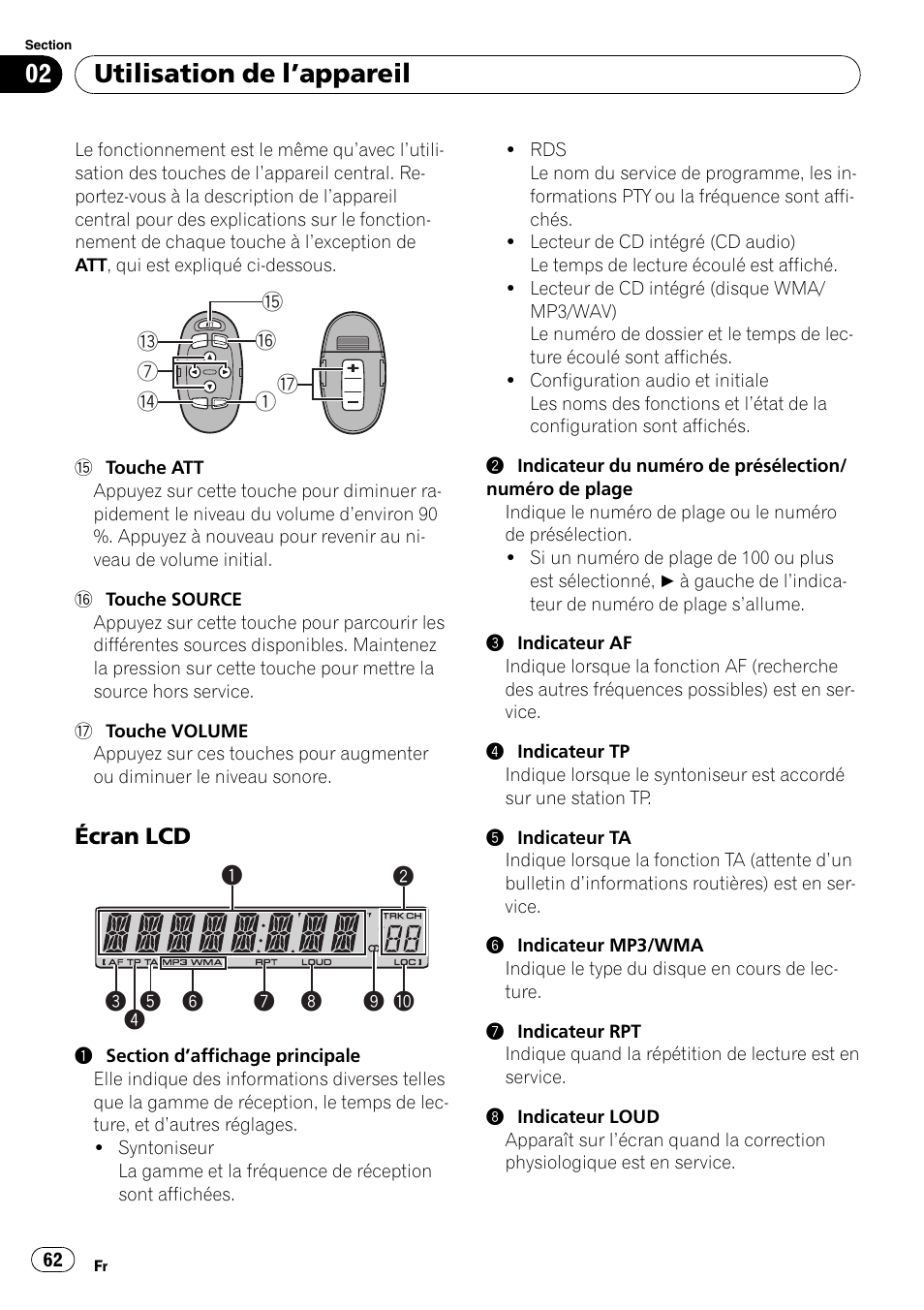 Écran lcd 62, Utilisation de l ’appareil | Pioneer DEH-3000MP User Manual | Page 62 / 77