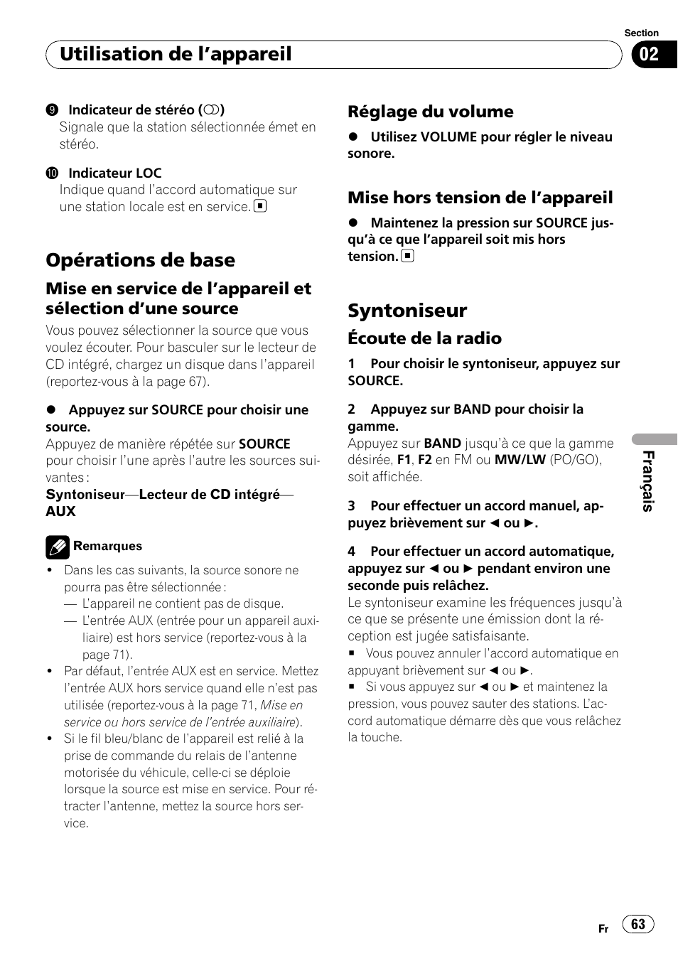 Opérations de base, Mise en service de l’appareil et, Sélection d | Une source 63, Réglage du volume 63, Mise hors tension de l’appareil 63, Syntoniseur, Écoute de la radio 63, Utilisation de l ’appareil | Pioneer DEH-3000MP User Manual | Page 63 / 77