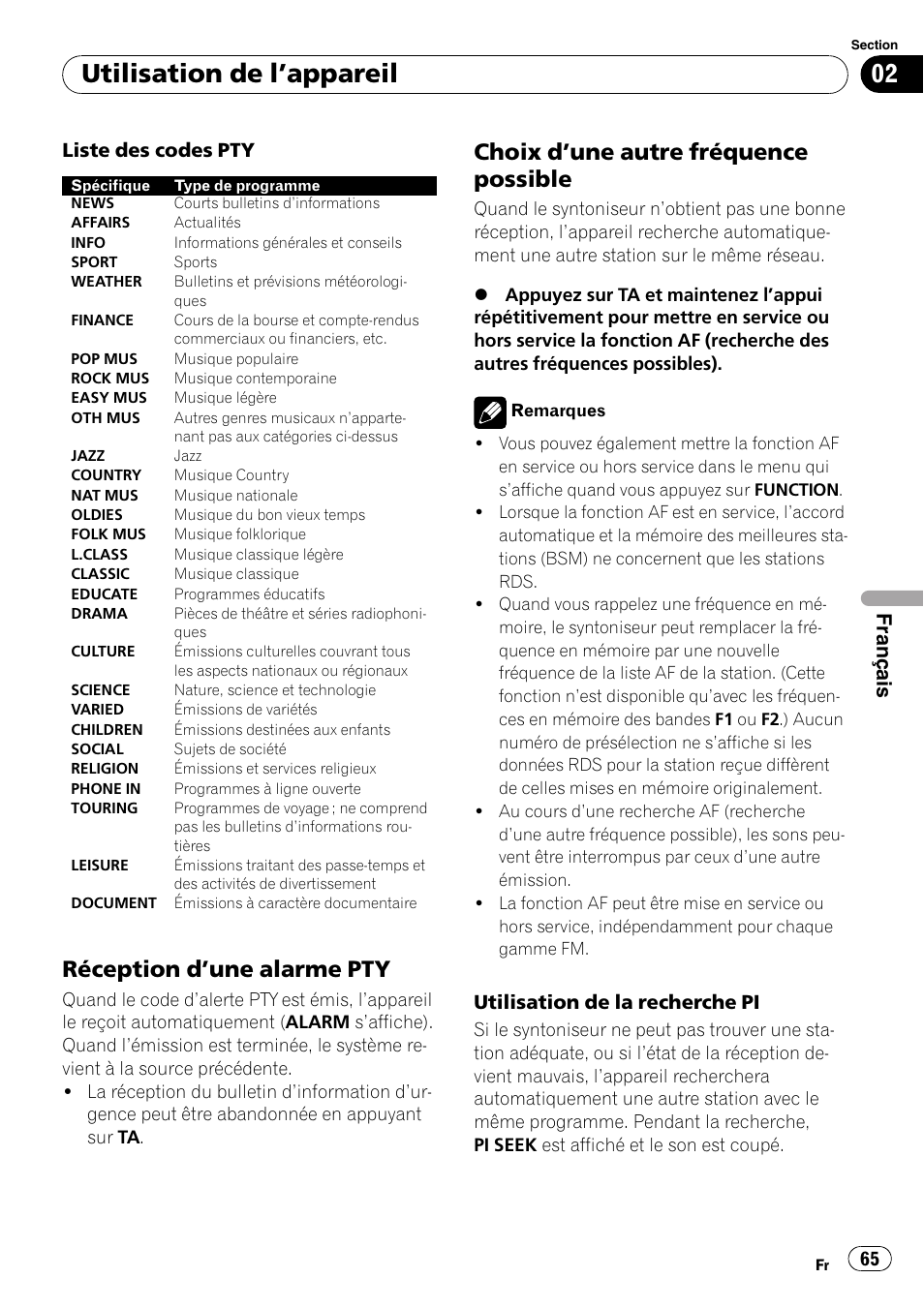 Réception d’une alarme pty 65, Choix d’une autre fréquence, Possible | Utilisation de l ’appareil, Réception d ’une alarme pty, Choix d ’une autre fréquence possible, Français | Pioneer DEH-3000MP User Manual | Page 65 / 77