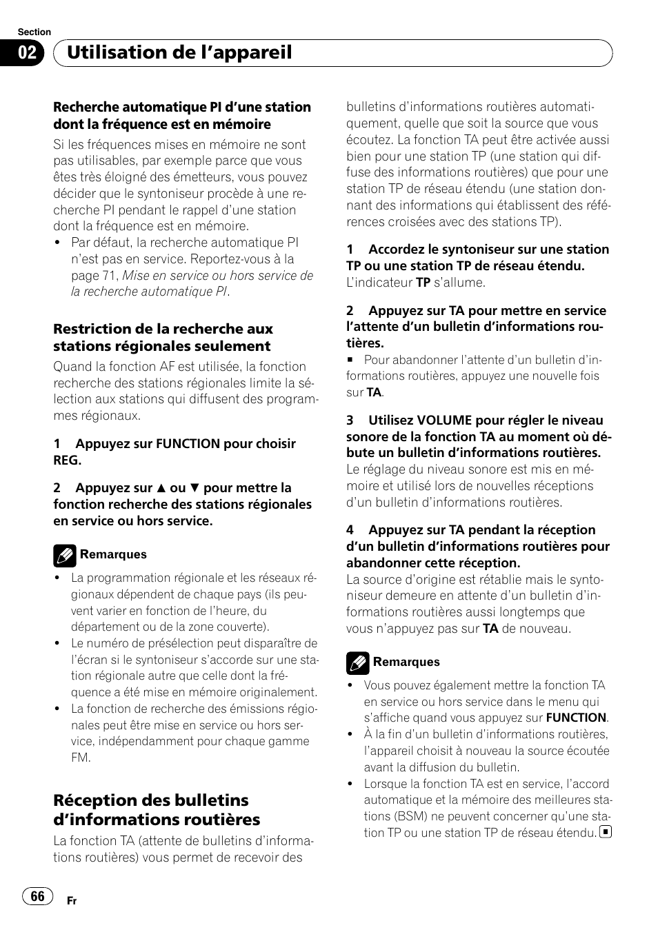 Réception des bulletins d’informations, Routières, Utilisation de l ’appareil | Réception des bulletins d ’informations routières | Pioneer DEH-3000MP User Manual | Page 66 / 77