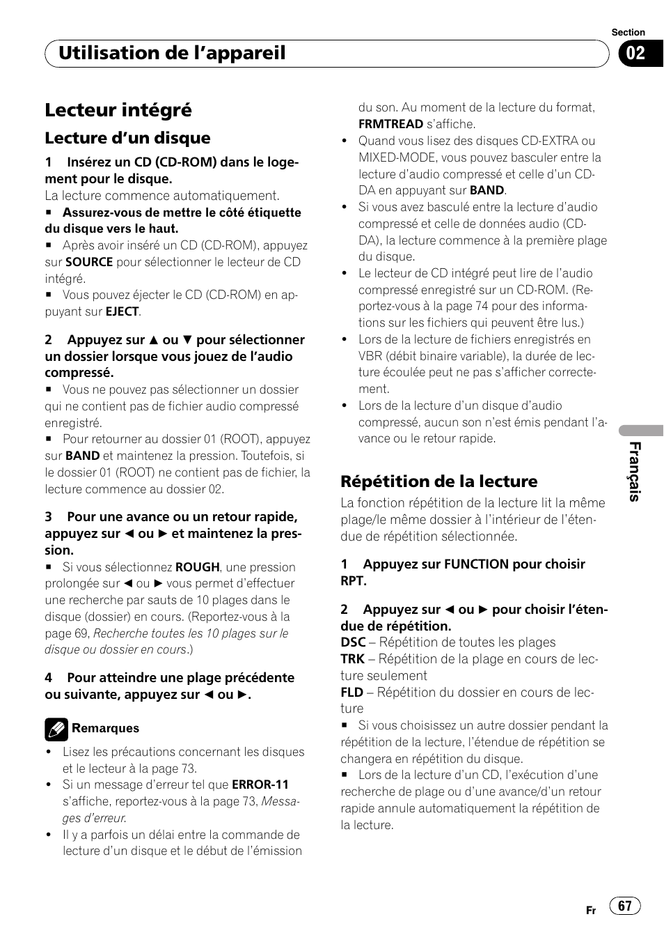 Lecteur intégré, Lecture d’un disque 67, Répétition de la lecture 67 | Utilisation de l ’appareil, Lecture d ’un disque, Répétition de la lecture | Pioneer DEH-3000MP User Manual | Page 67 / 77