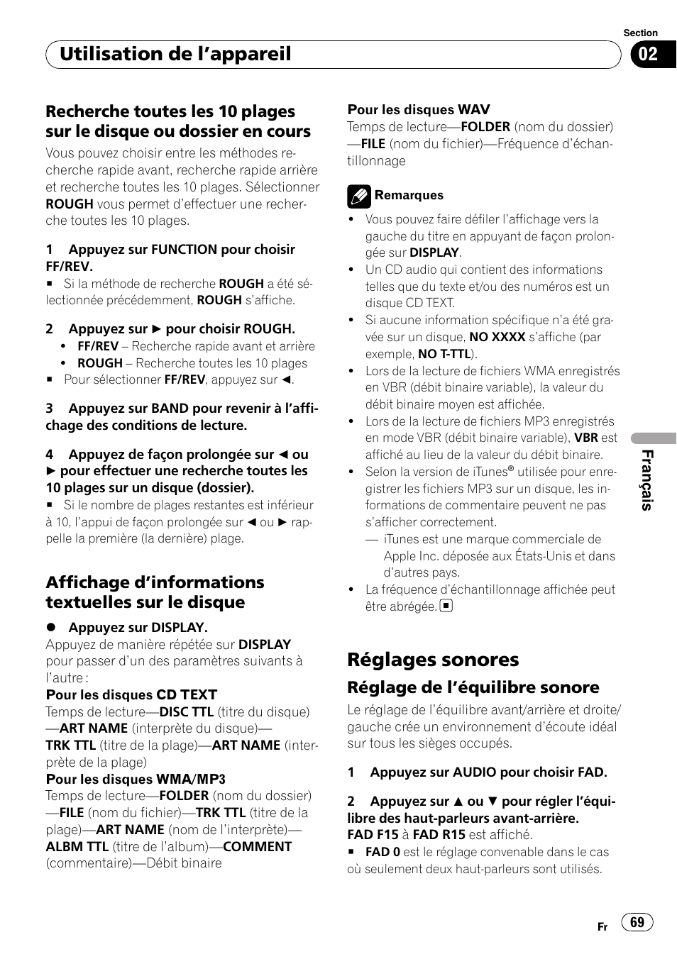 Recherche toutes les 10 plages sur le, Disque ou dossier en cours, Affichage d’informations textuelles sur | Le disque, Réglages sonores, Réglage de l’équilibre sonore 69, Utilisation de l ’appareil, Affichage d ’informations textuelles sur le disque, Réglage de l ’équilibre sonore | Pioneer DEH-3000MP User Manual | Page 69 / 77