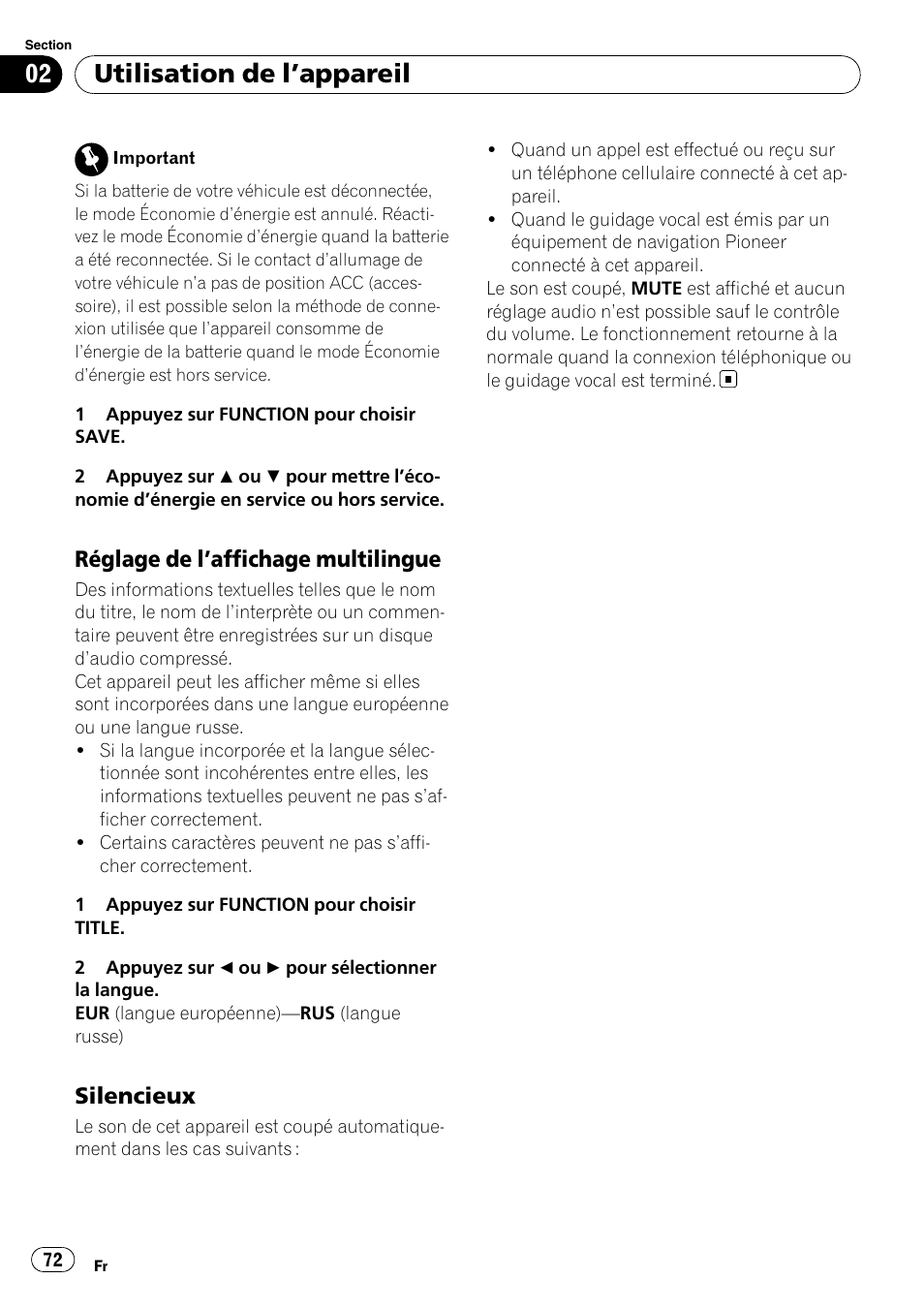 Réglage de l’affichage multilingue 72, Silencieux 72, Utilisation de l ’appareil | Réglage de l ’affichage multilingue, Silencieux | Pioneer DEH-3000MP User Manual | Page 72 / 77