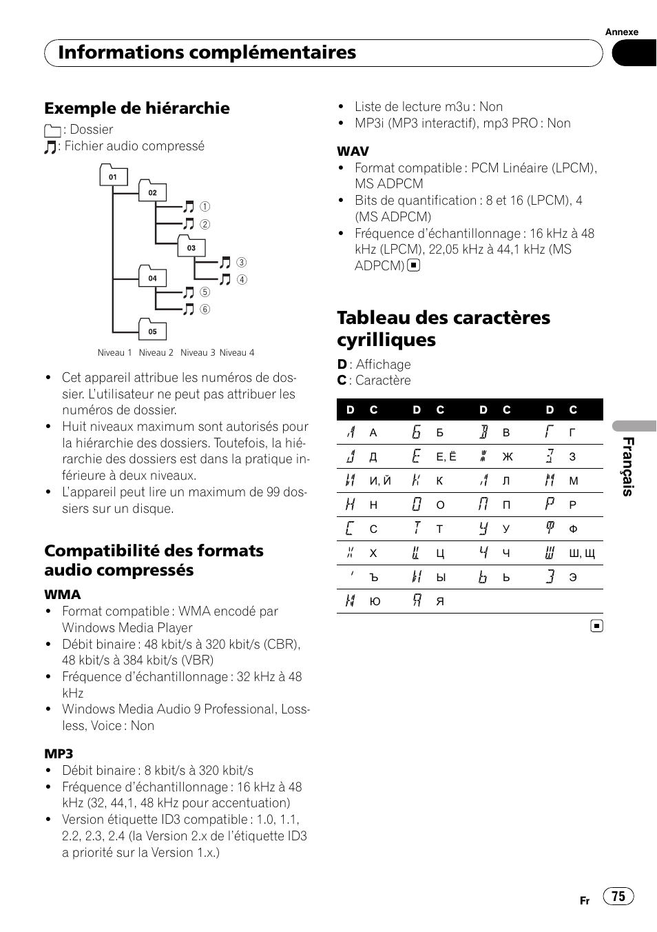 Exemple de hiérarchie 75, Compatibilité des formats audio, Compressés | Tableau des caractères cyrilliques, Informations complémentaires, Exemple de hiérarchie, Compatibilité des formats audio compressés, Français | Pioneer DEH-3000MP User Manual | Page 75 / 77