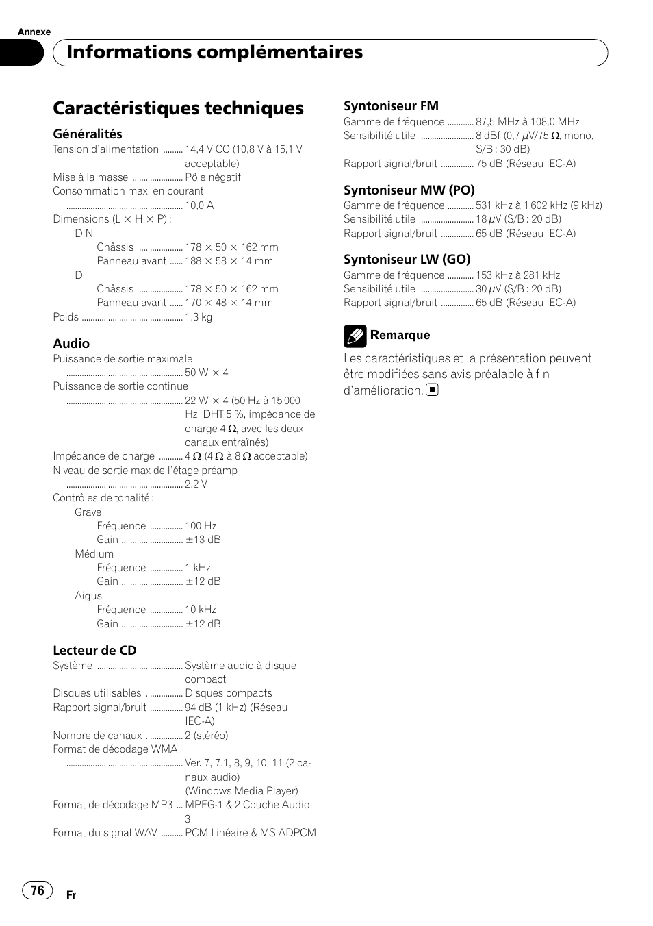 Caractéristiques techniques, Informations complémentaires | Pioneer DEH-3000MP User Manual | Page 76 / 77