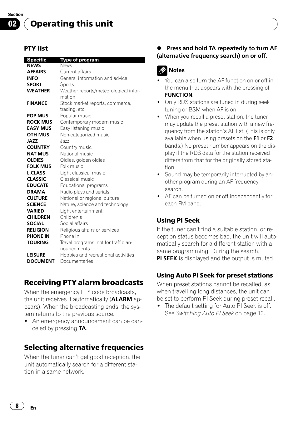 Receiving pty alarm broadcasts 8, Selecting alternative frequencies 8, Operating this unit | Receiving pty alarm broadcasts, Selecting alternative frequencies | Pioneer DEH-3000MP User Manual | Page 8 / 77