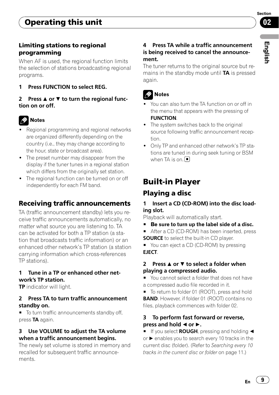 Receiving traffic announcements 9, Built-in player, Playing a disc 9 | Operating this unit, Receiving traffic announcements, Playing a disc | Pioneer DEH-3000MP User Manual | Page 9 / 77