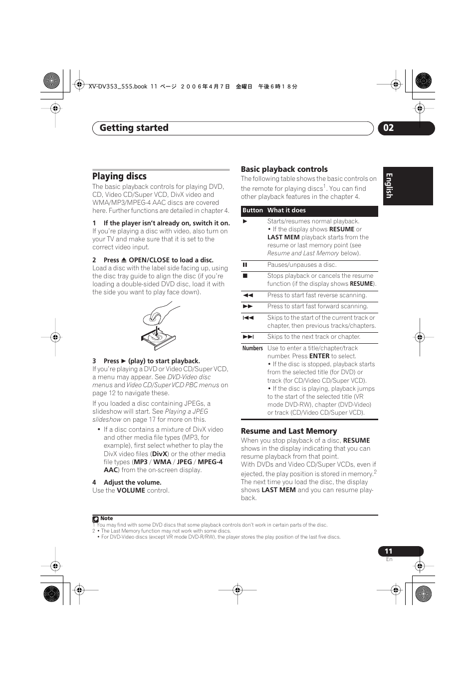 Playing discs, Basic playback controls, Resume and last memory | Getting started 02 | Pioneer S-DV555T User Manual | Page 11 / 94