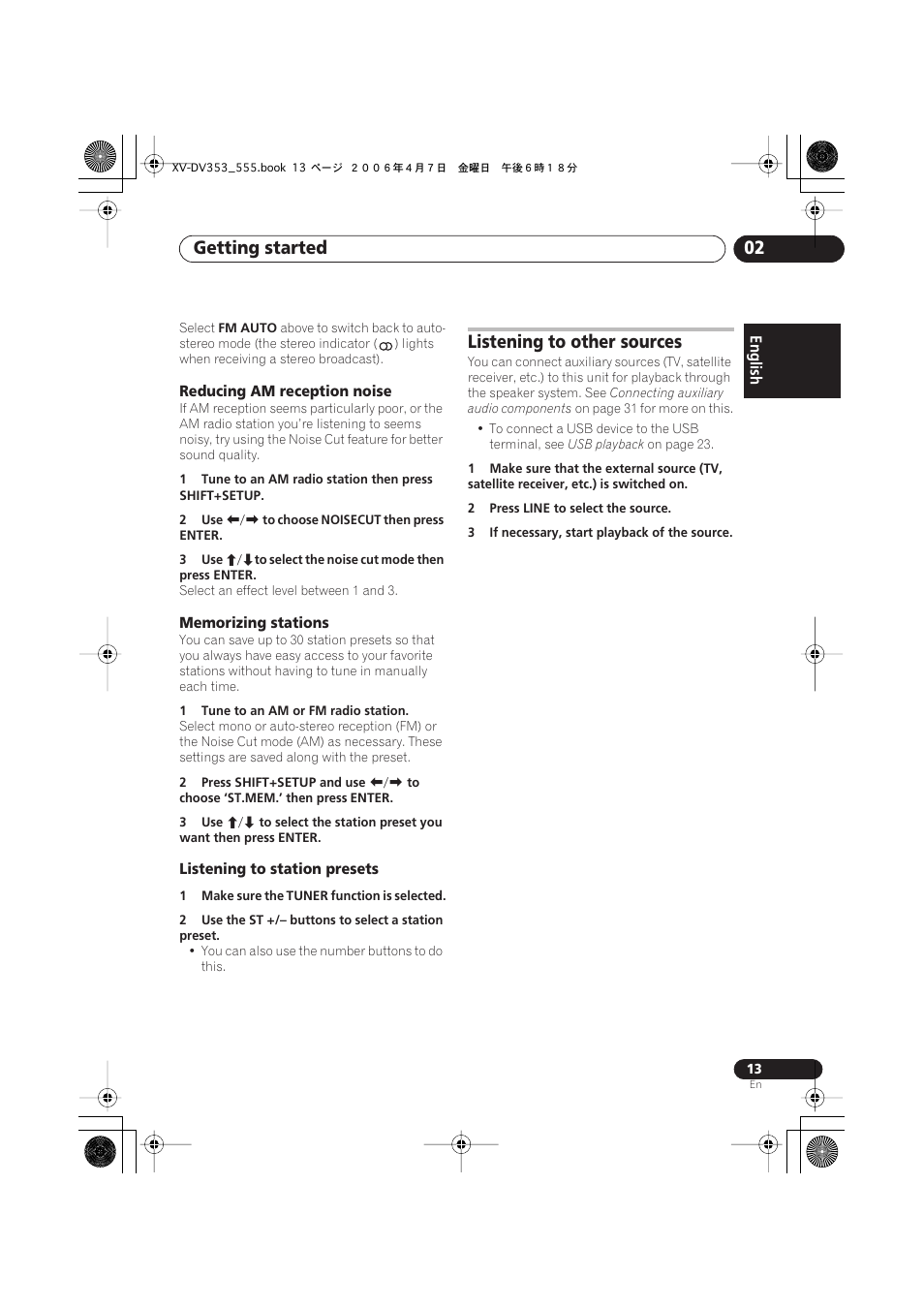 Reducing am reception noise, Memorizing stations, Listening to station presets | Listening to other sources, Getting started 02 | Pioneer S-DV555T User Manual | Page 13 / 94