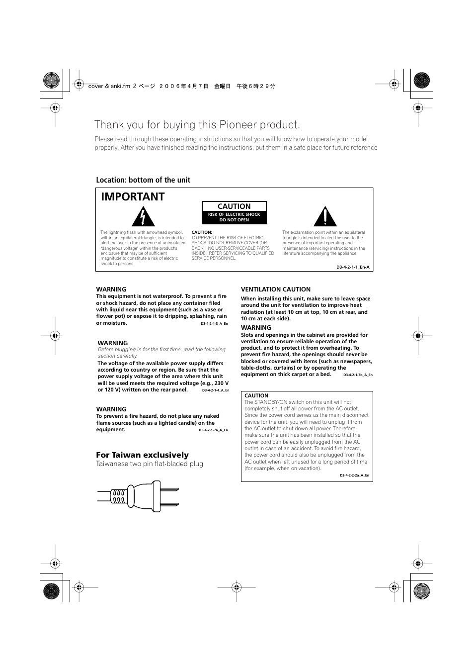 Important, Location: bottom of the unit, For taiwan exclusively | Caution | Pioneer S-DV555T User Manual | Page 2 / 94