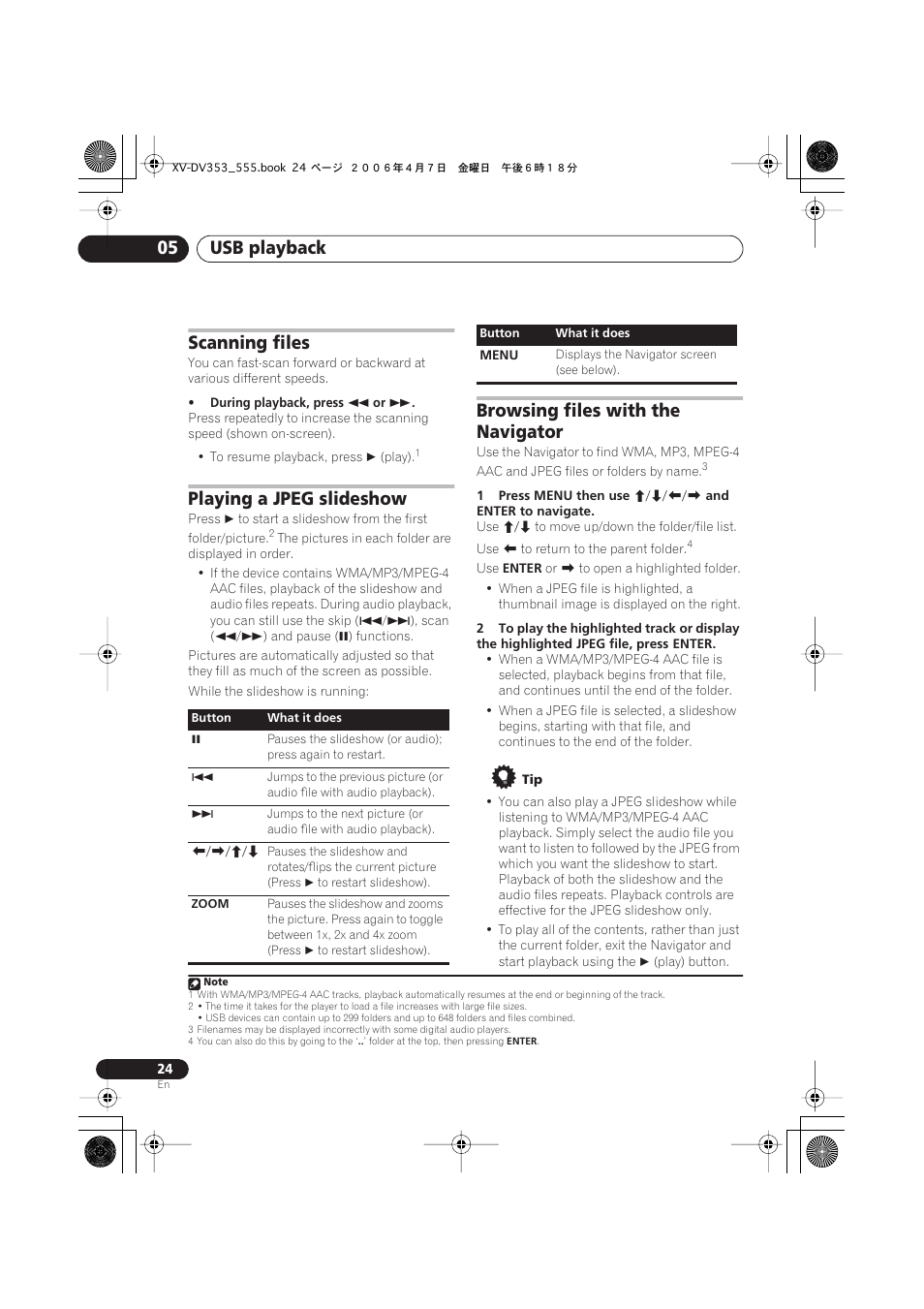 Scanning files, Playing a jpeg slideshow, Browsing files with the navigator | Usb playback 05 | Pioneer S-DV555T User Manual | Page 24 / 94