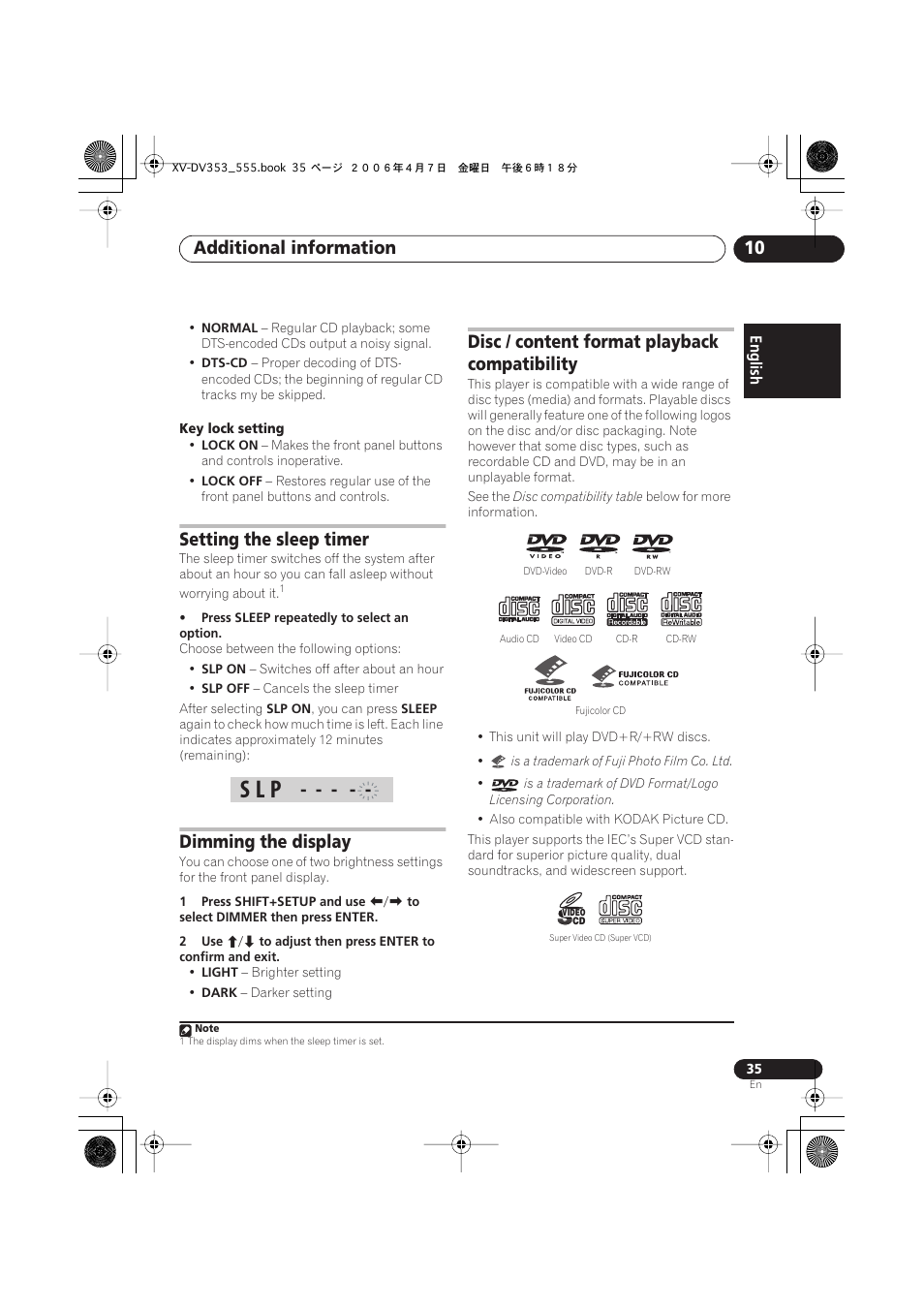 Setting the sleep timer, Dimming the display, Disc / content format playback compatibility | S l p, Additional information 10 | Pioneer S-DV555T User Manual | Page 35 / 94