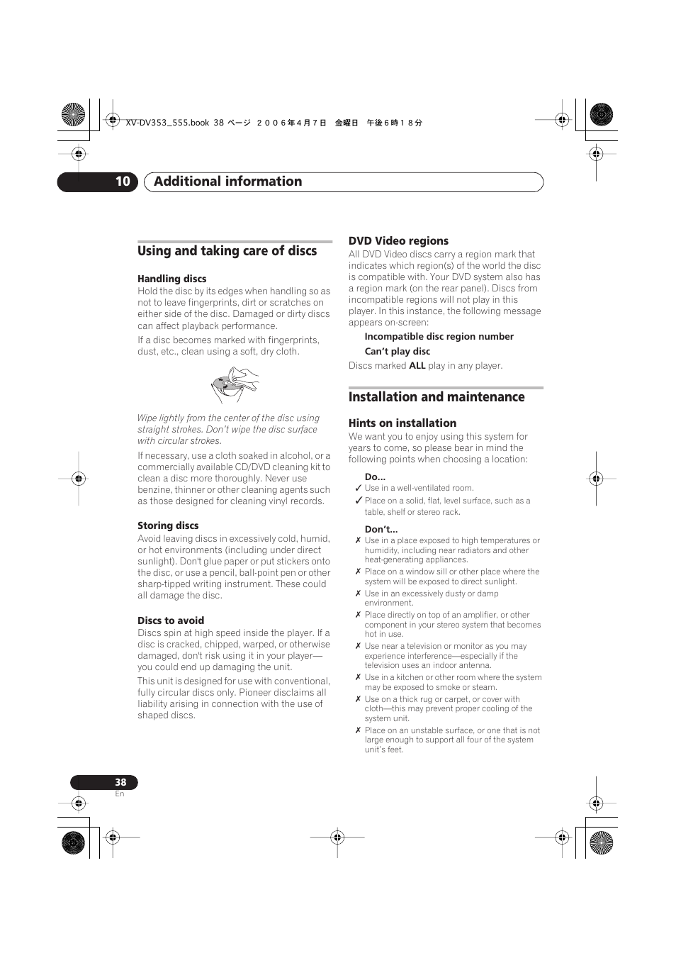 Using and taking care of discs, Dvd video regions, Installation and maintenance | Hints on installation, Additional information 10 | Pioneer S-DV555T User Manual | Page 38 / 94