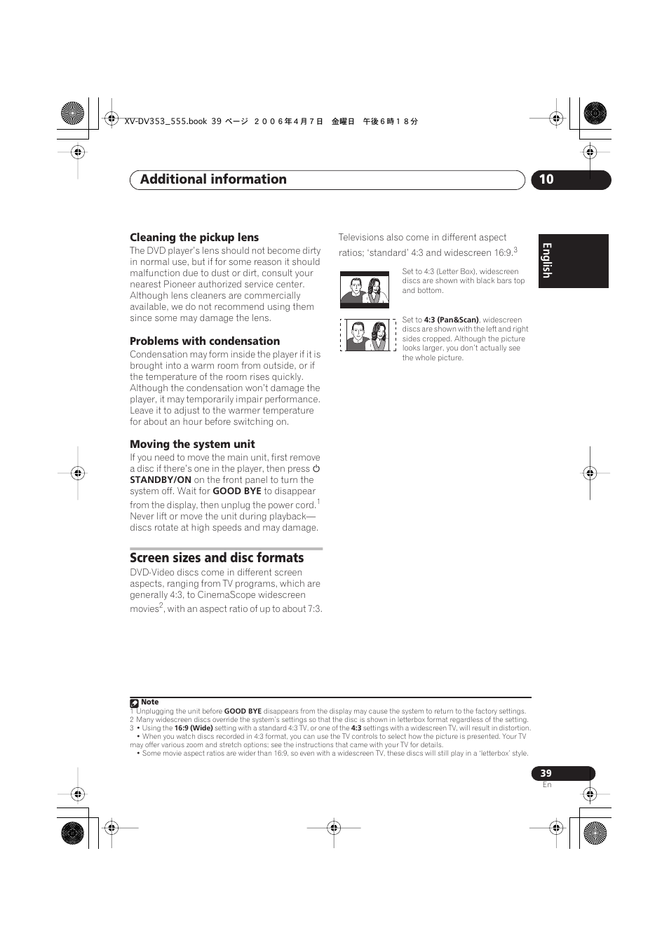 Cleaning the pickup lens, Problems with condensation, Moving the system unit | Screen sizes and disc formats, Additional information 10 | Pioneer S-DV555T User Manual | Page 39 / 94