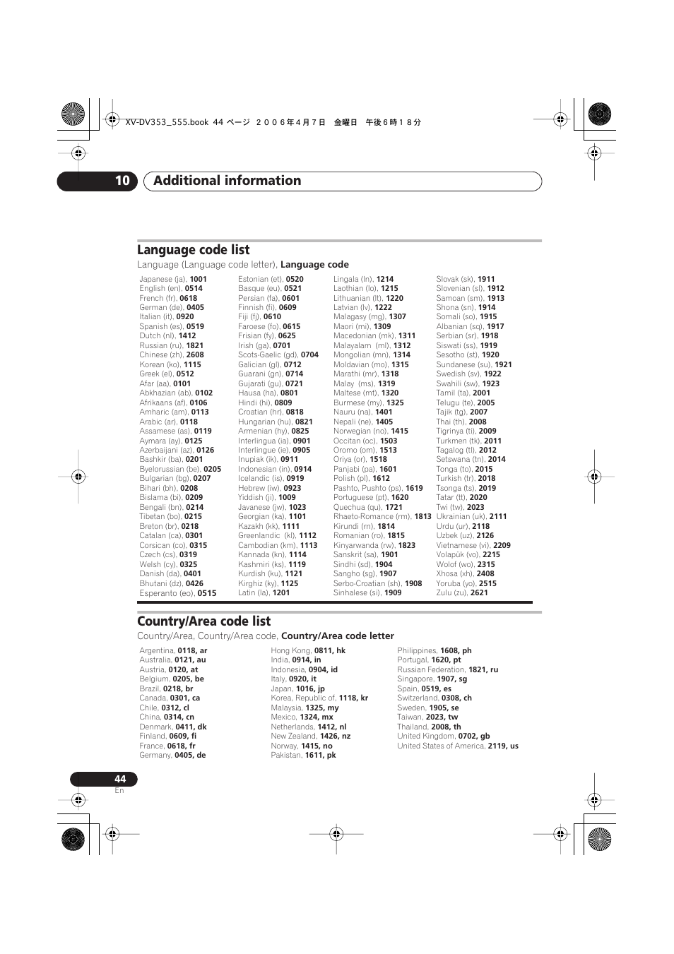 Language code list, Country/area code list, Additional information 10 | Pioneer S-DV555T User Manual | Page 44 / 94