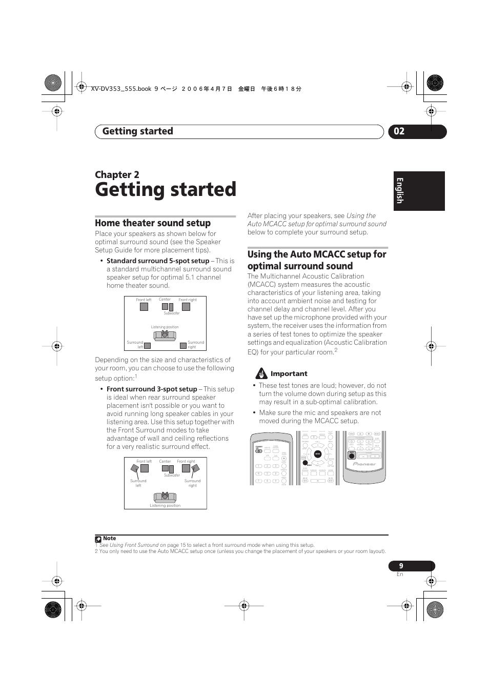 02 getting started, Home theater sound setup, Getting started | Getting started 02, Chapter 2, Standard surround 5-spot setup, Front surround 3-spot setup, Below to complete your surround setup, Important | Pioneer S-DV555T User Manual | Page 9 / 94