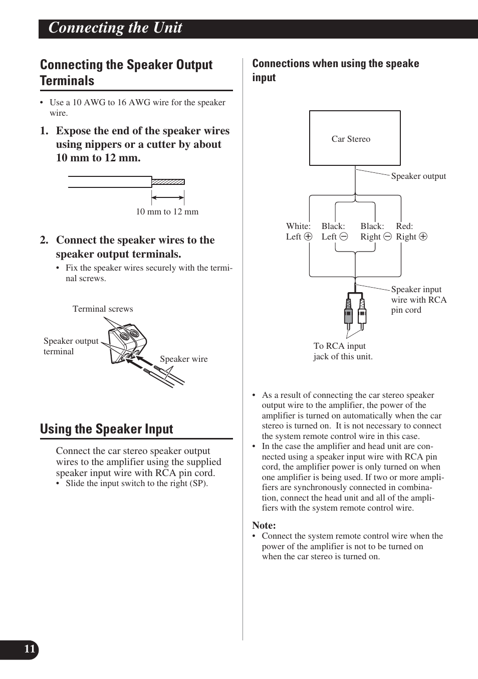 A title (english) connecting the unit, Connecting the speaker output terminals, Using the speaker input | Pioneer PREMIER PRS-D2200T User Manual | Page 12 / 49