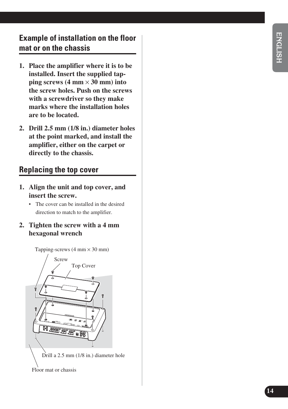 Example of installation on the floor mat, Or on the chassis, Replacing the top cover | Pioneer PREMIER PRS-D2200T User Manual | Page 15 / 49