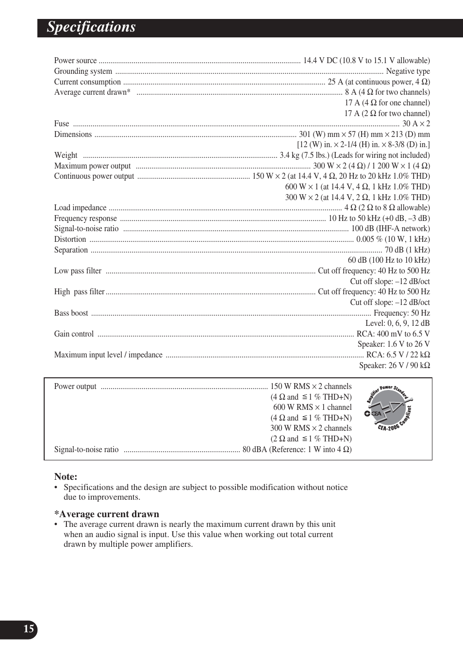 Specifications, A title (english) specifications | Pioneer PREMIER PRS-D2200T User Manual | Page 16 / 49