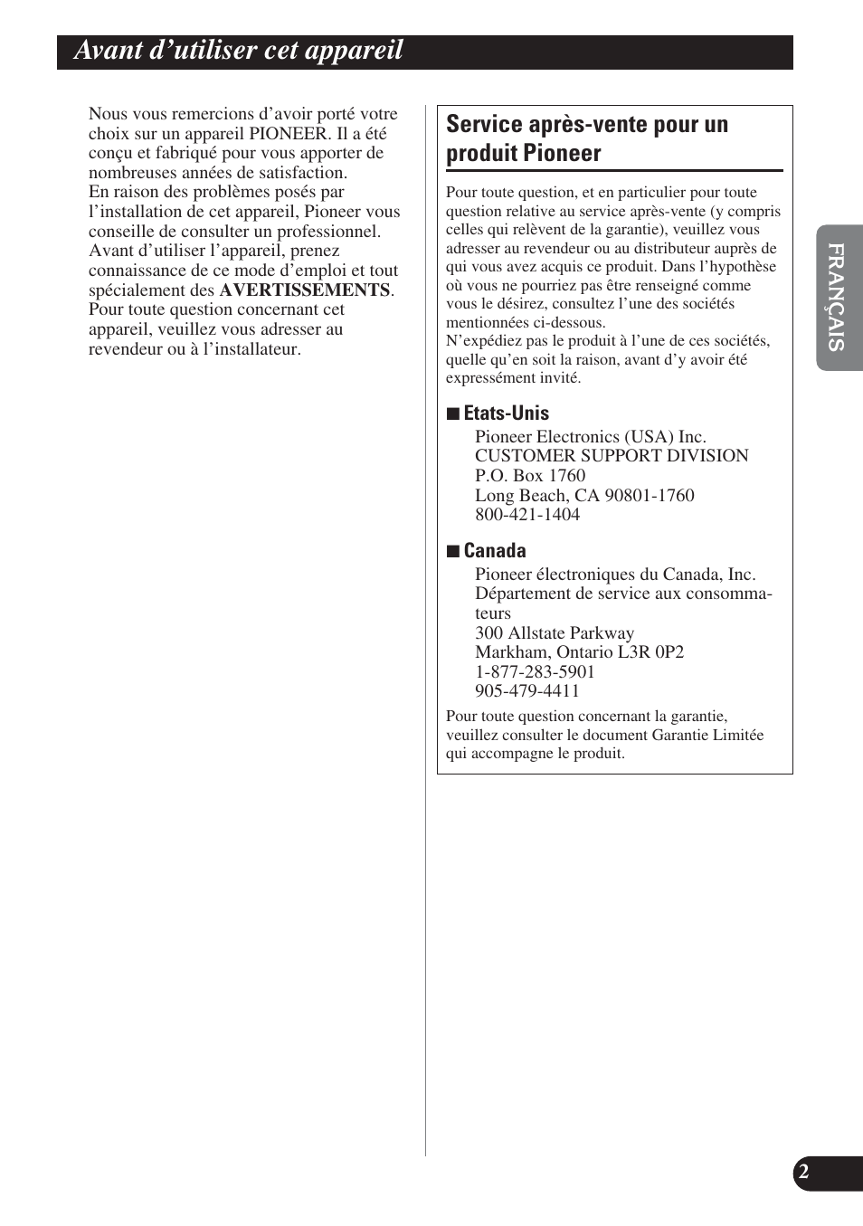 Avant d’utiliser cet appareil, Service après-vente pour un produit pioneer | Pioneer PREMIER PRS-D2200T User Manual | Page 19 / 49