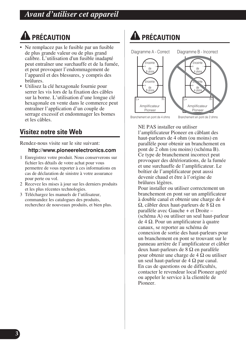 Précaution visitez notre site web précaution, Avant d’utiliser cet appareil, Précaution | Visitez notre site web | Pioneer PREMIER PRS-D2200T User Manual | Page 20 / 49