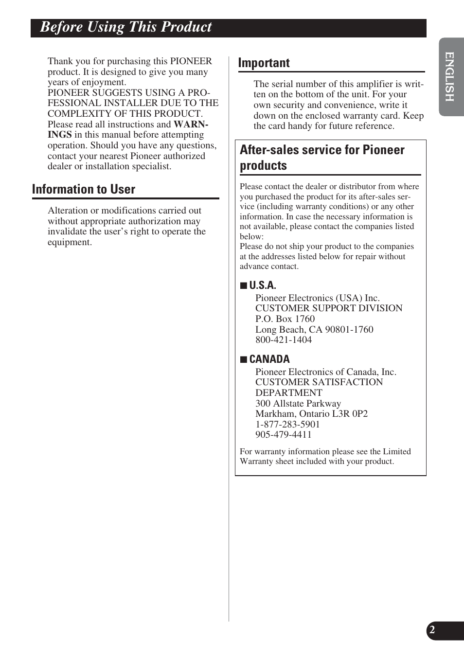 Before using this product, Information to user, Important | After-sales service for pioneer products | Pioneer PREMIER PRS-D2200T User Manual | Page 3 / 49
