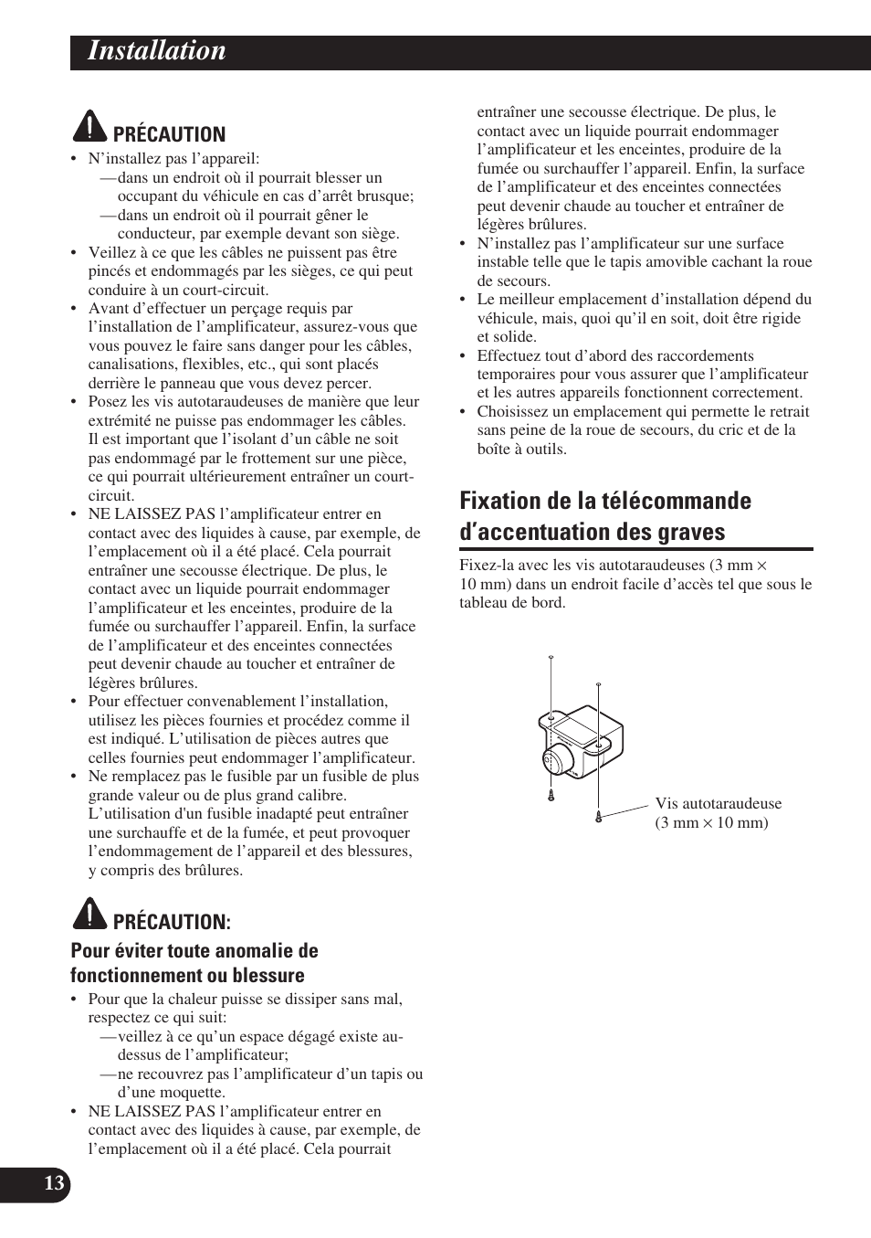 Installation, Fixation de la télécommande d’accentuation, Des graves | A title (english) installation | Pioneer PREMIER PRS-D2200T User Manual | Page 30 / 49