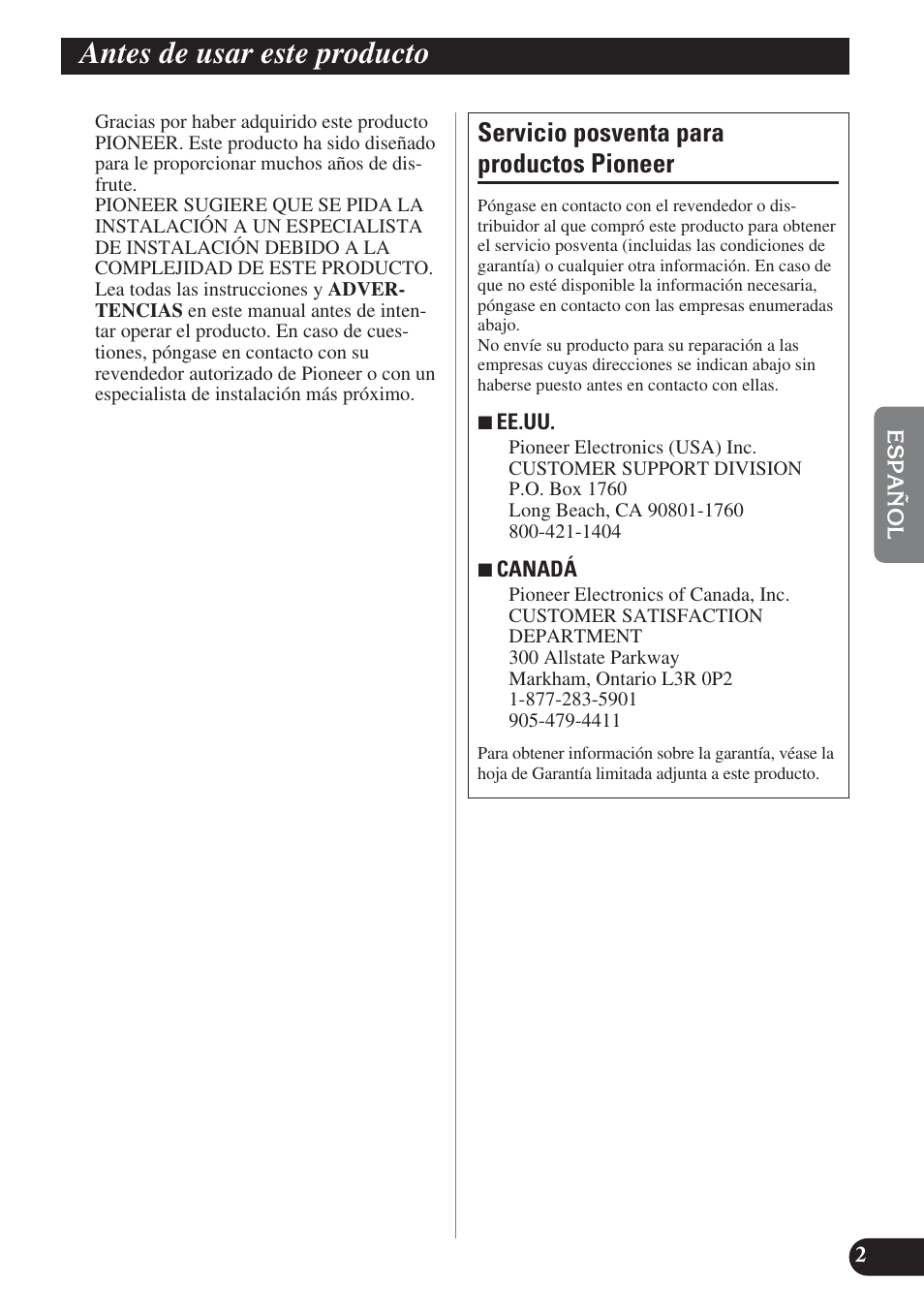 Antes de usar este producto, Servicio posventa para productos pioneer | Pioneer PREMIER PRS-D2200T User Manual | Page 35 / 49