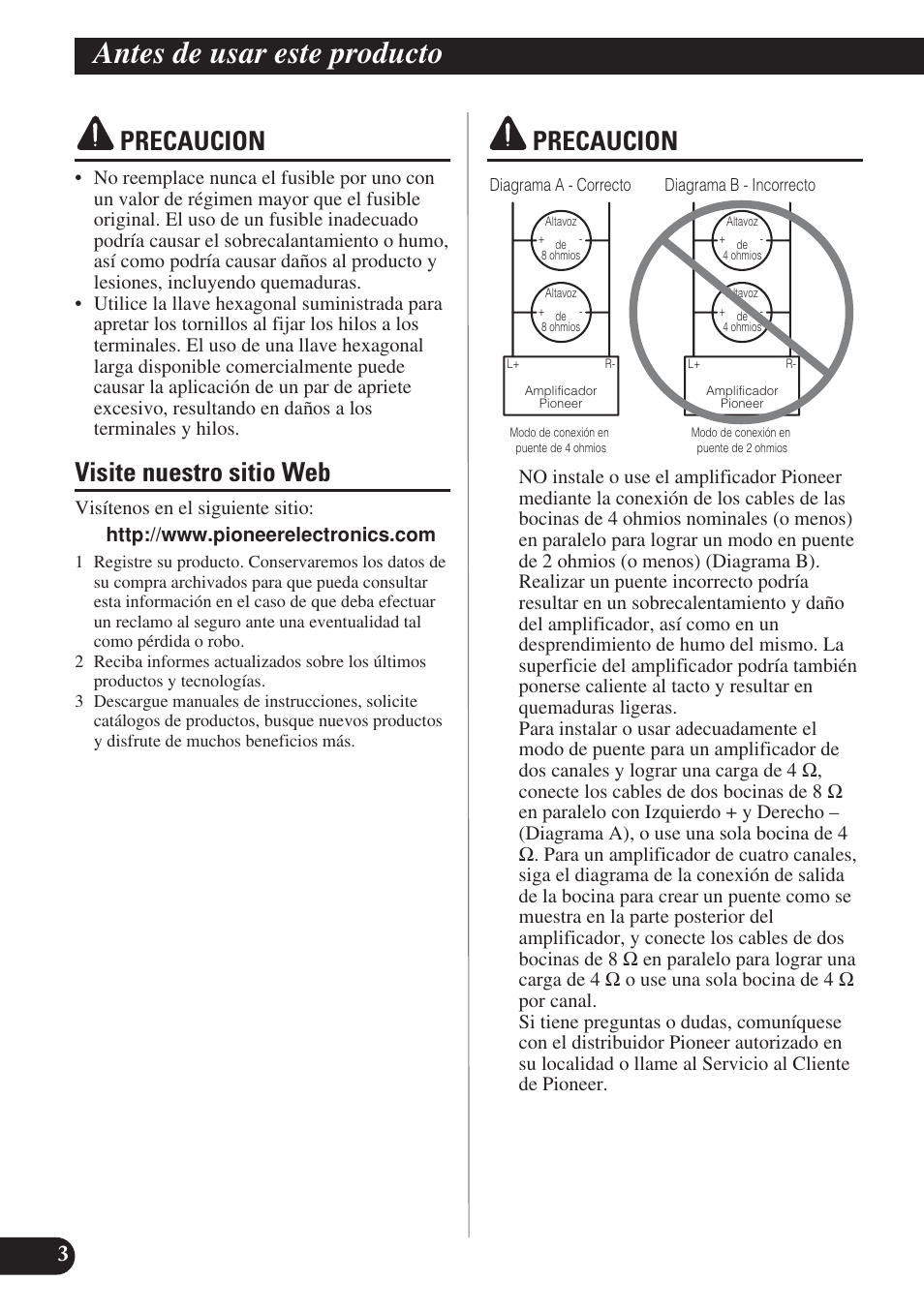 Precaucion visite nuestro sitio web precaucion, Antes de usar este producto, Precaucion | Visite nuestro sitio web | Pioneer PREMIER PRS-D2200T User Manual | Page 36 / 49