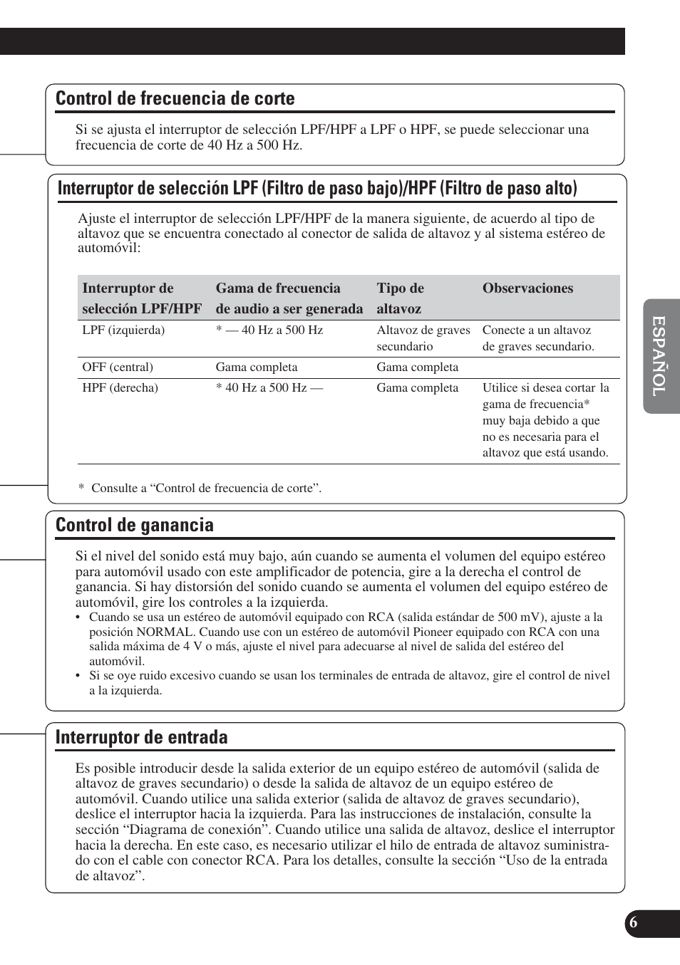 Bajo)/hpf (filtro de paso alto), Control de ganancia interruptor de entrada, A title (english) | Control de frecuencia de corte, Control de ganancia, Interruptor de entrada | Pioneer PREMIER PRS-D2200T User Manual | Page 39 / 49