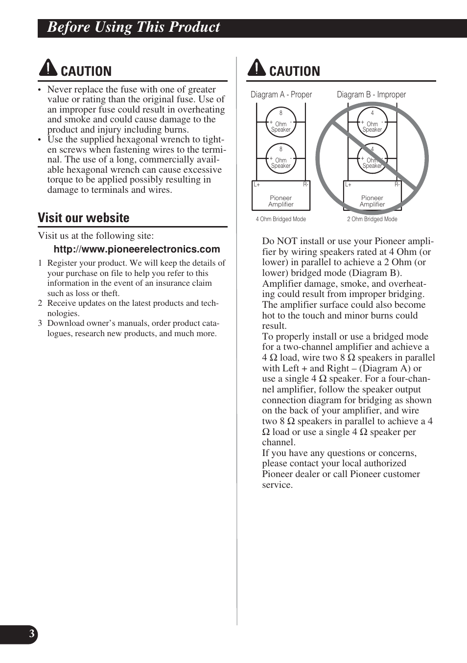 Caution visit our website caution, Before using this product, Caution | Visit our website | Pioneer PREMIER PRS-D2200T User Manual | Page 4 / 49