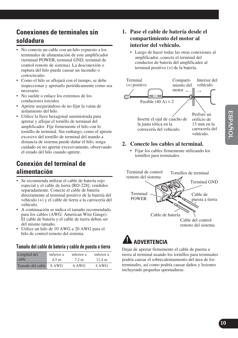 A title (english), Conexiones de terminales sin soldadura, Conexión del terminal de alimentación | Pioneer PREMIER PRS-D2200T User Manual | Page 43 / 49