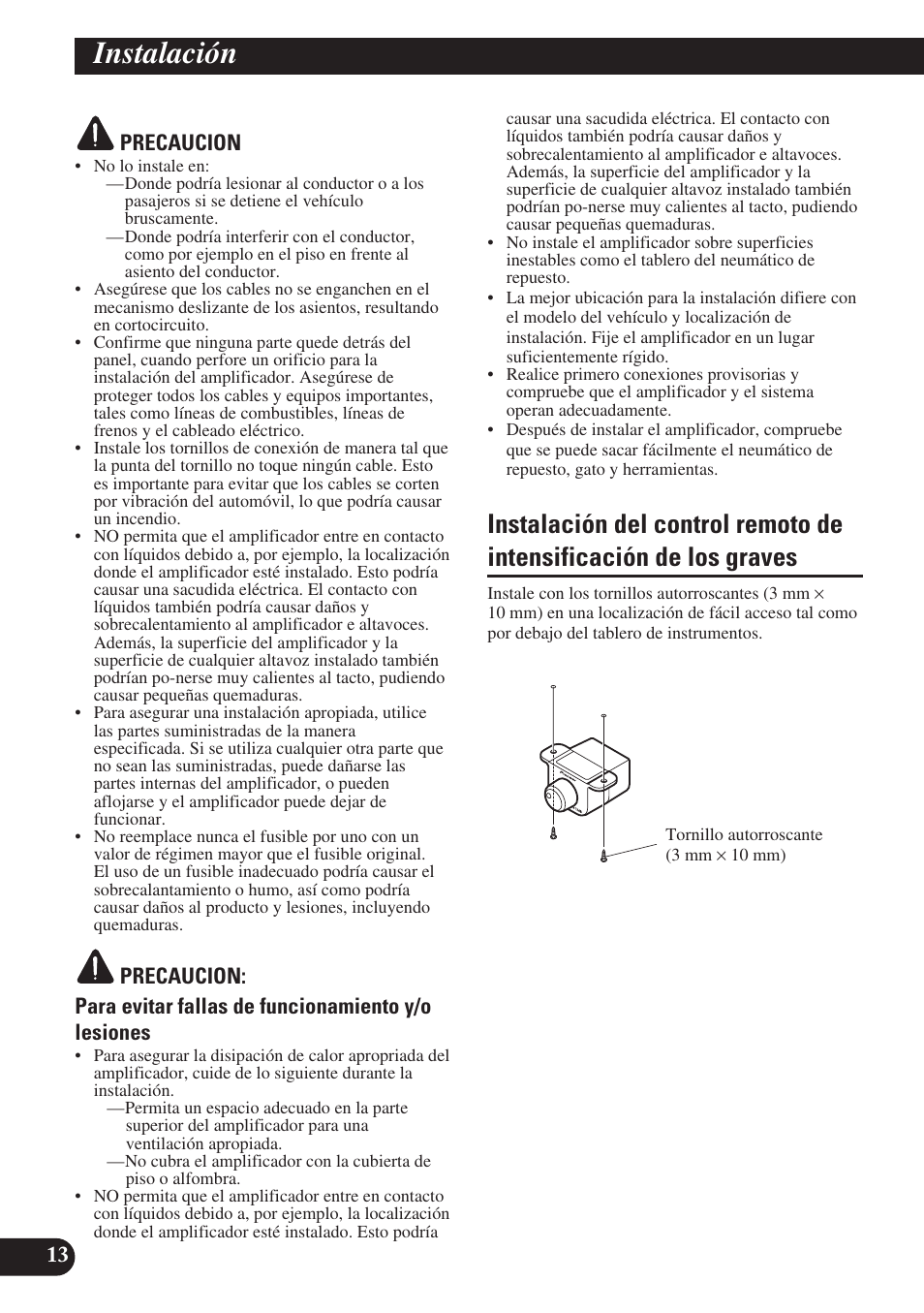 Instalación, Instalación del control remoto de, Intensificación de los graves | A title (english) instalación | Pioneer PREMIER PRS-D2200T User Manual | Page 46 / 49