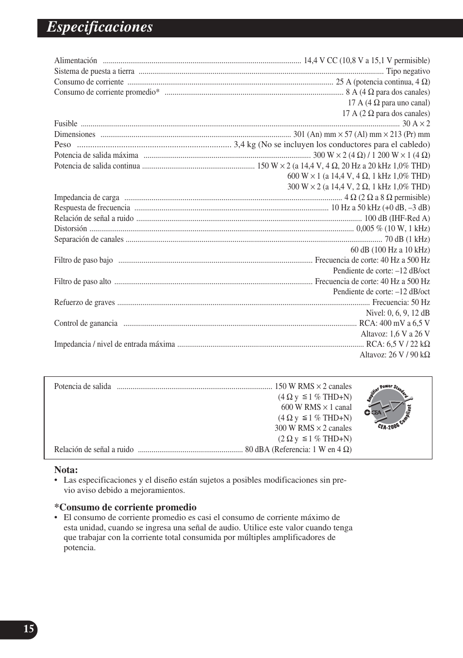 Especificaciones, A title (english) especificaciones | Pioneer PREMIER PRS-D2200T User Manual | Page 48 / 49