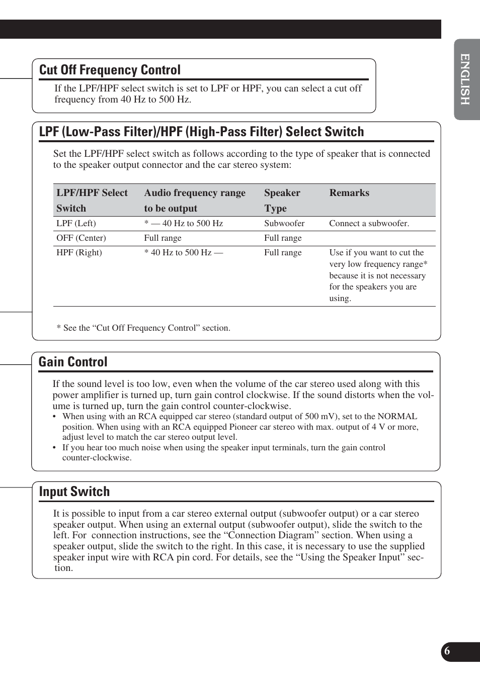 Select switch, Gain control input switch, A title (english) | Gain control, Cut off frequency control, Input switch | Pioneer PREMIER PRS-D2200T User Manual | Page 7 / 49