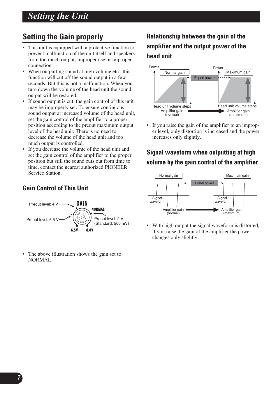 Setting the gain properly, A title (english) setting the unit, Gain control of this unit | Pioneer PREMIER PRS-D2200T User Manual | Page 8 / 49