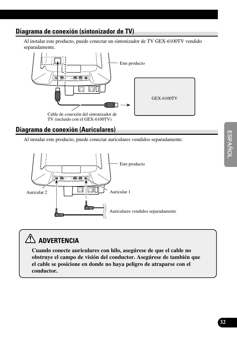 Diagrama de conexión, Sintonizador de tv), Diagrama de conexión (auriculares) | Diagrama de conexión (sintonizador de tv), Advertencia | Pioneer AVR-W6100 User Manual | Page 105 / 112