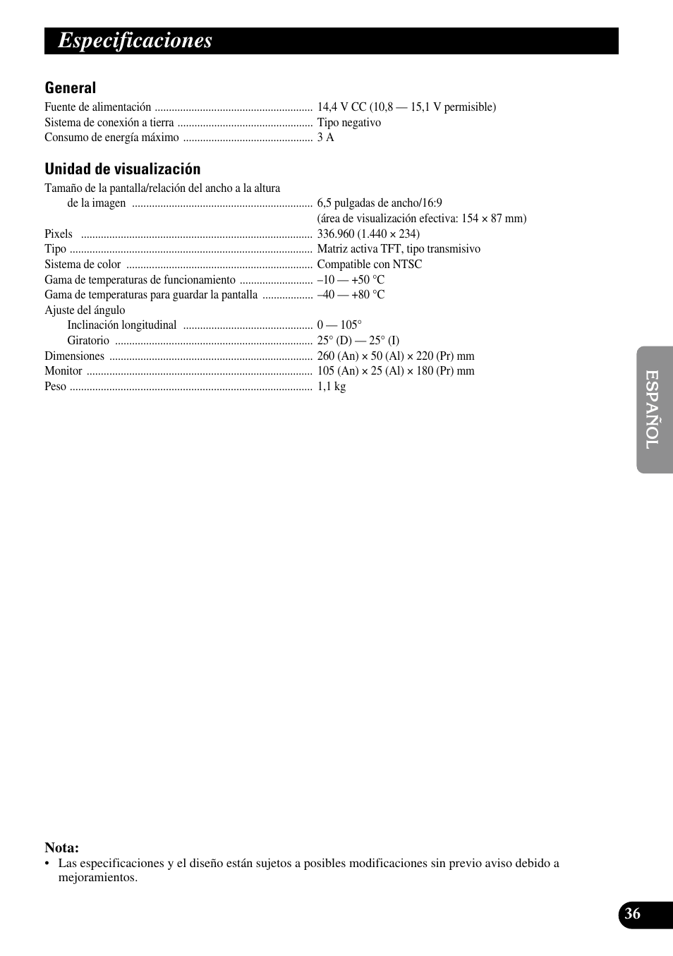 Especificaciones | Pioneer AVR-W6100 User Manual | Page 109 / 112