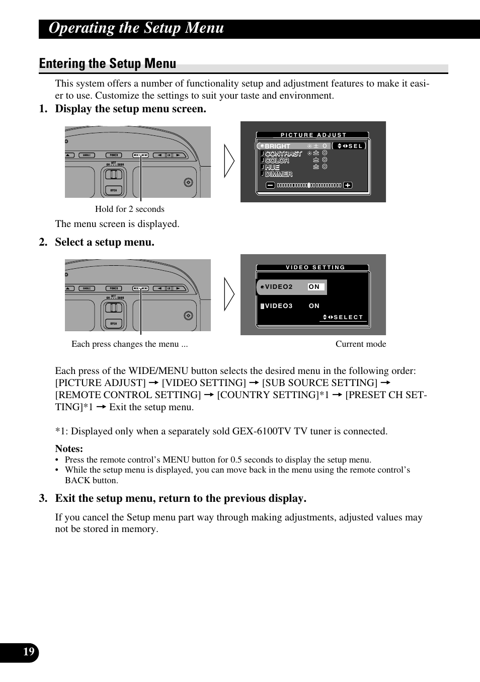 Operating the setup menu, Entering the setup menu, Display the setup menu screen | Select a setup menu | Pioneer AVR-W6100 User Manual | Page 20 / 112