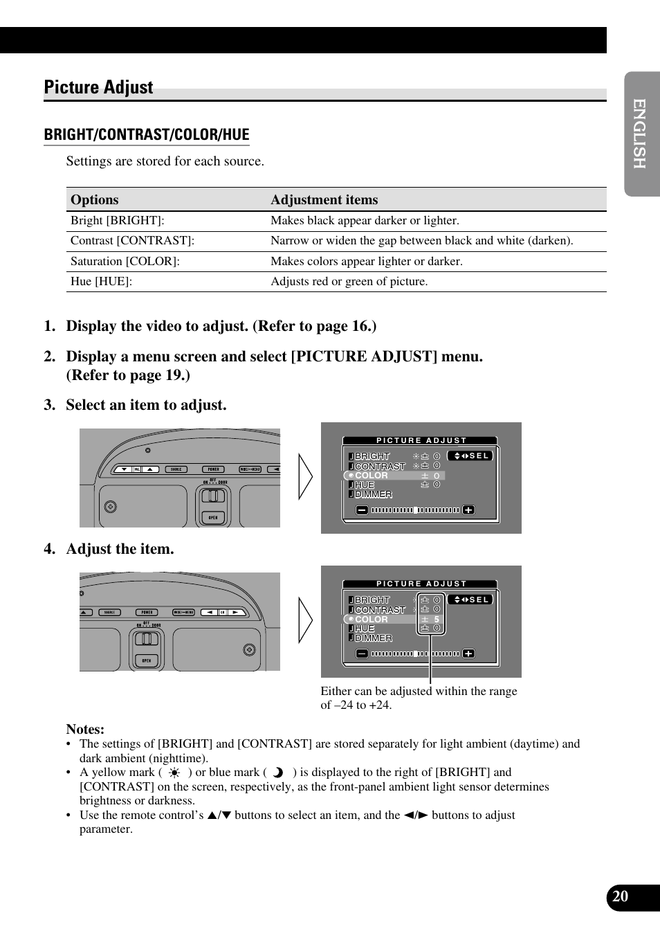 Picture adjust, Bright/contrast/color/hue, Dimmer | Pioneer AVR-W6100 User Manual | Page 21 / 112