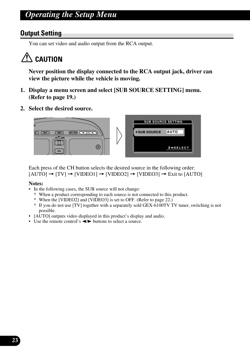 Output setting, Operating the setup menu, Caution | Pioneer AVR-W6100 User Manual | Page 24 / 112