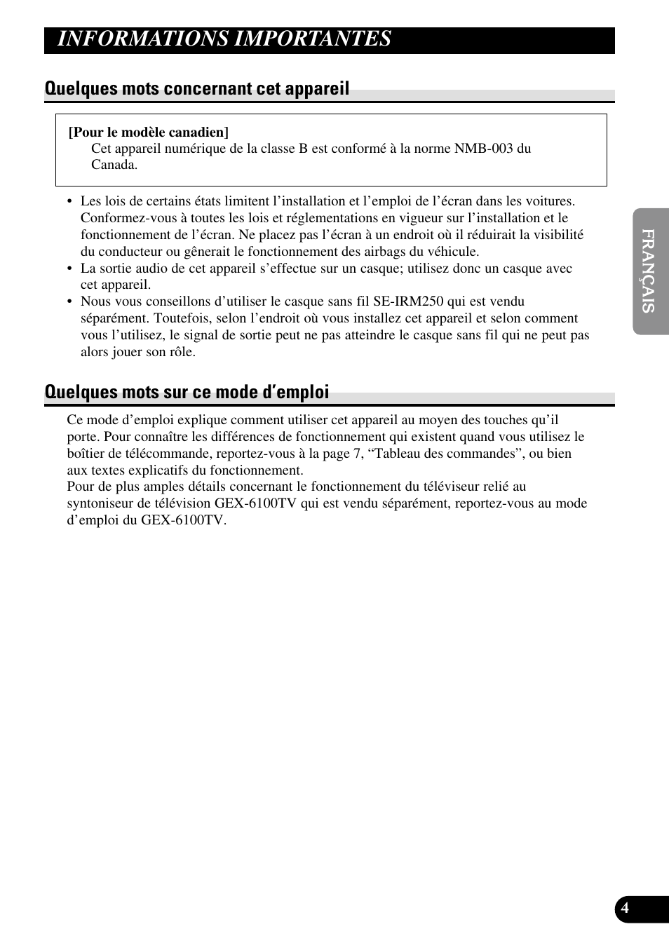 Informations importantes, Quelques mots concernant cet appareil, Quelques mots sur ce mode d’emploi | Pioneer AVR-W6100 User Manual | Page 41 / 112